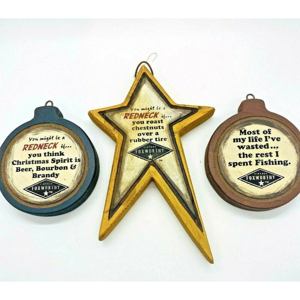 Vintage Jeff Foxworthy Redneck Wood Ornaments Set of 3 Hanging Christmas Mancave